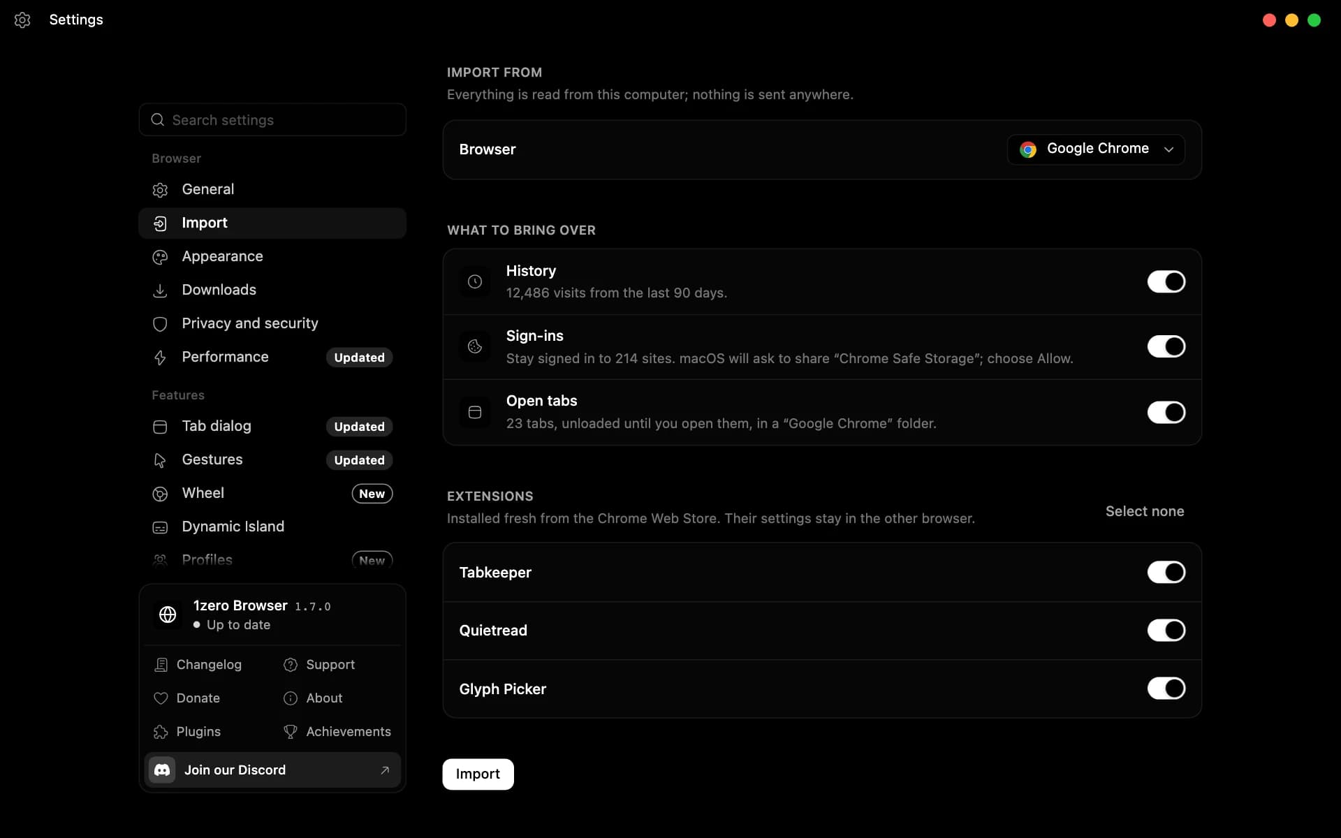 Import settings with another browser's history, sign-ins, open tabs, and extensions ready to bring over