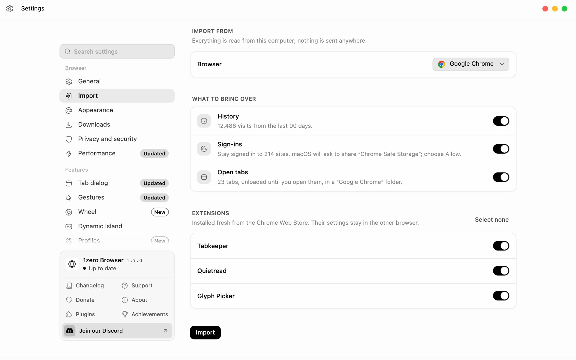 Import settings with another browser's history, sign-ins, open tabs, and extensions ready to bring over
