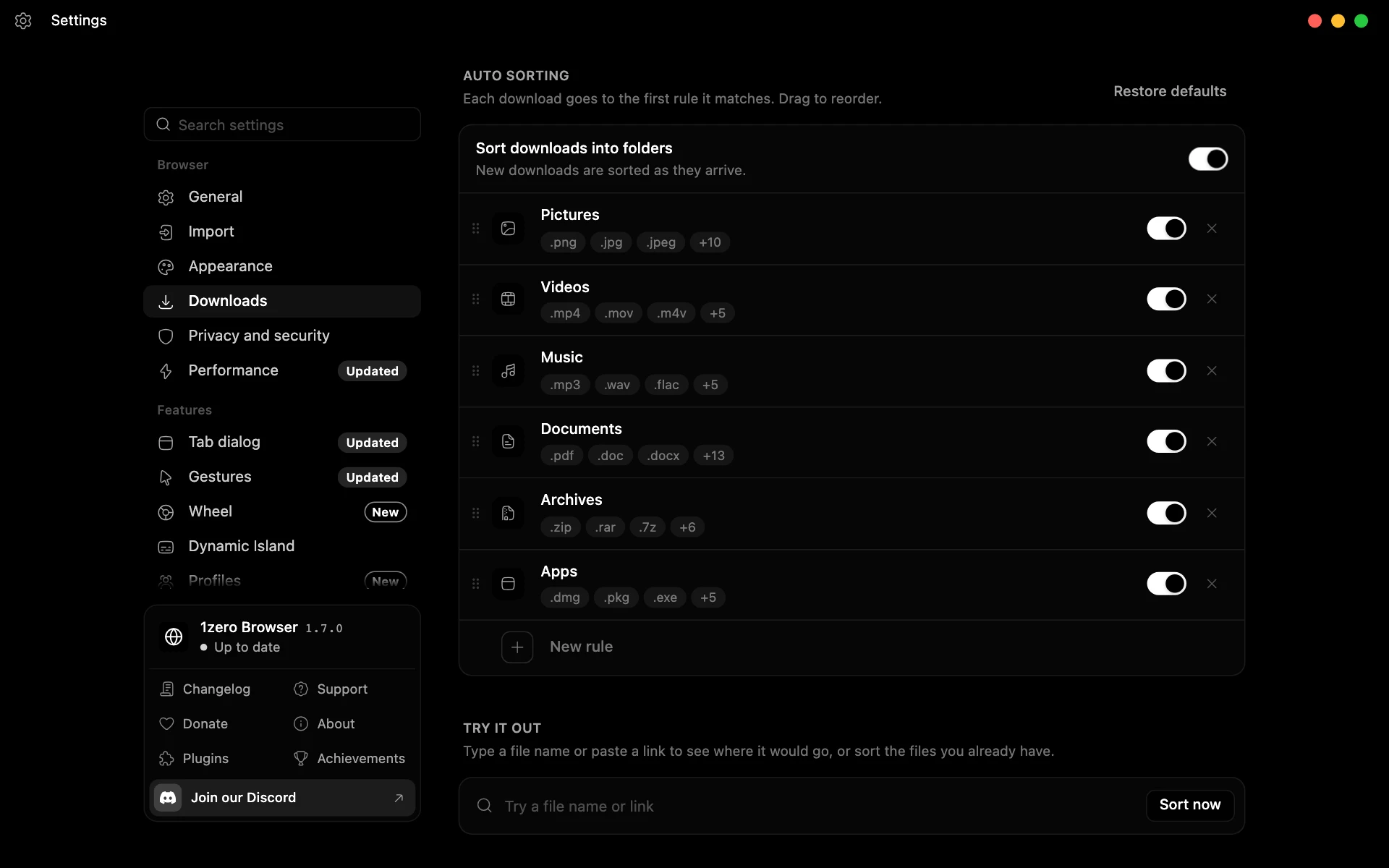 Downloads settings with auto sorting on and rules for pictures, videos, music, documents, archives, and apps