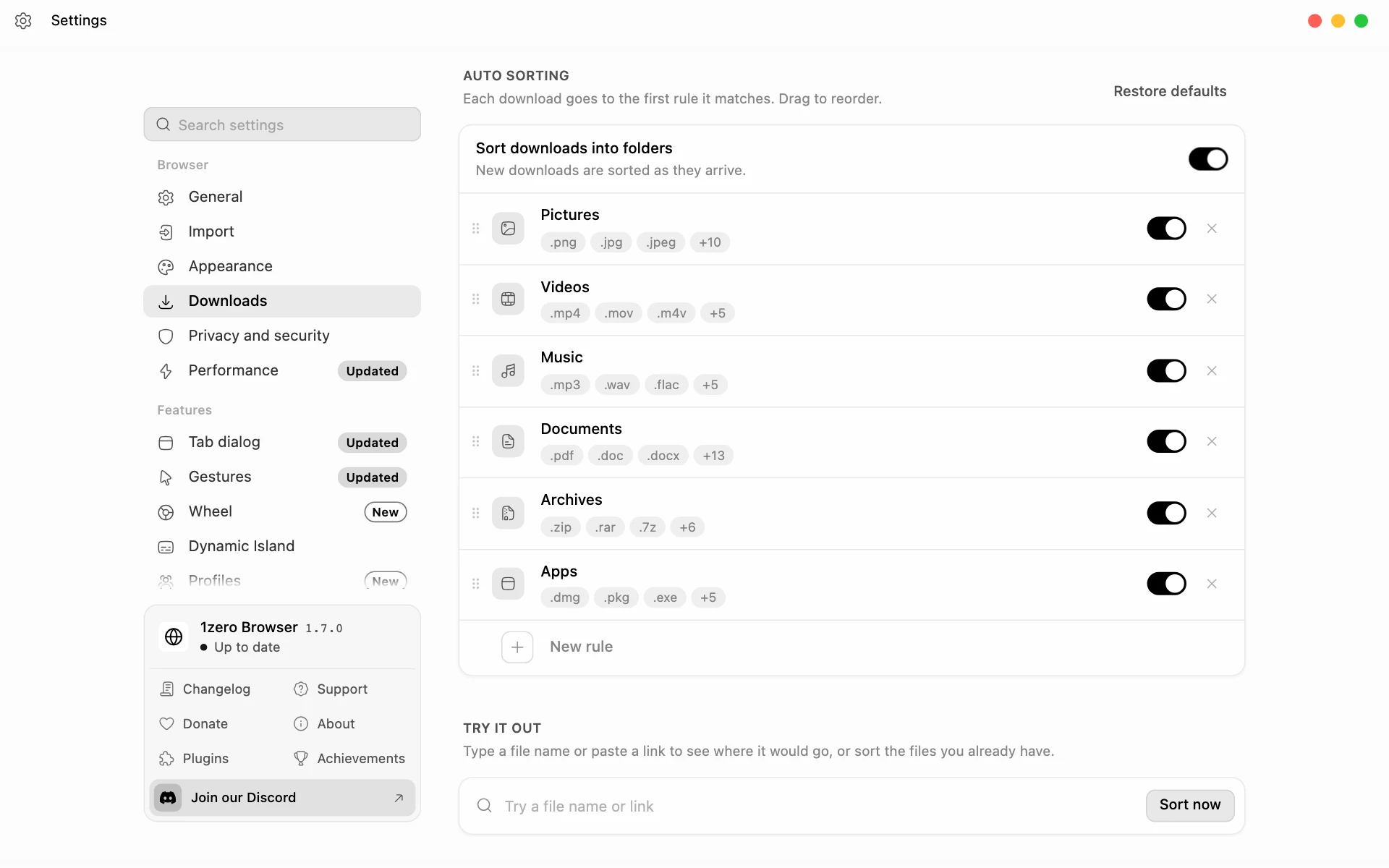 Downloads settings with auto sorting on and rules for pictures, videos, music, documents, archives, and apps