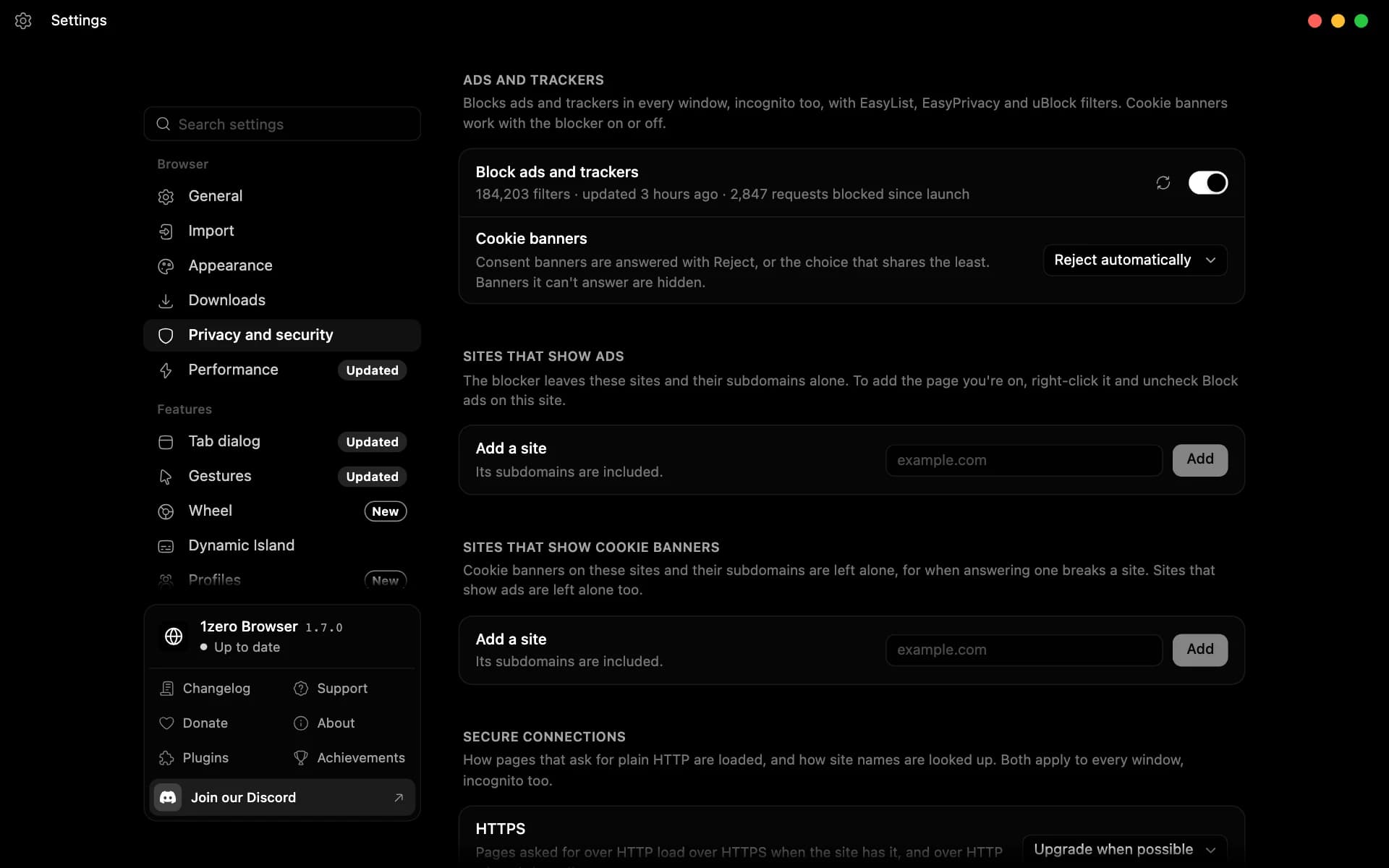 Privacy settings with ad and tracker blocking on, thousands of requests blocked, and cookie banners rejected automatically