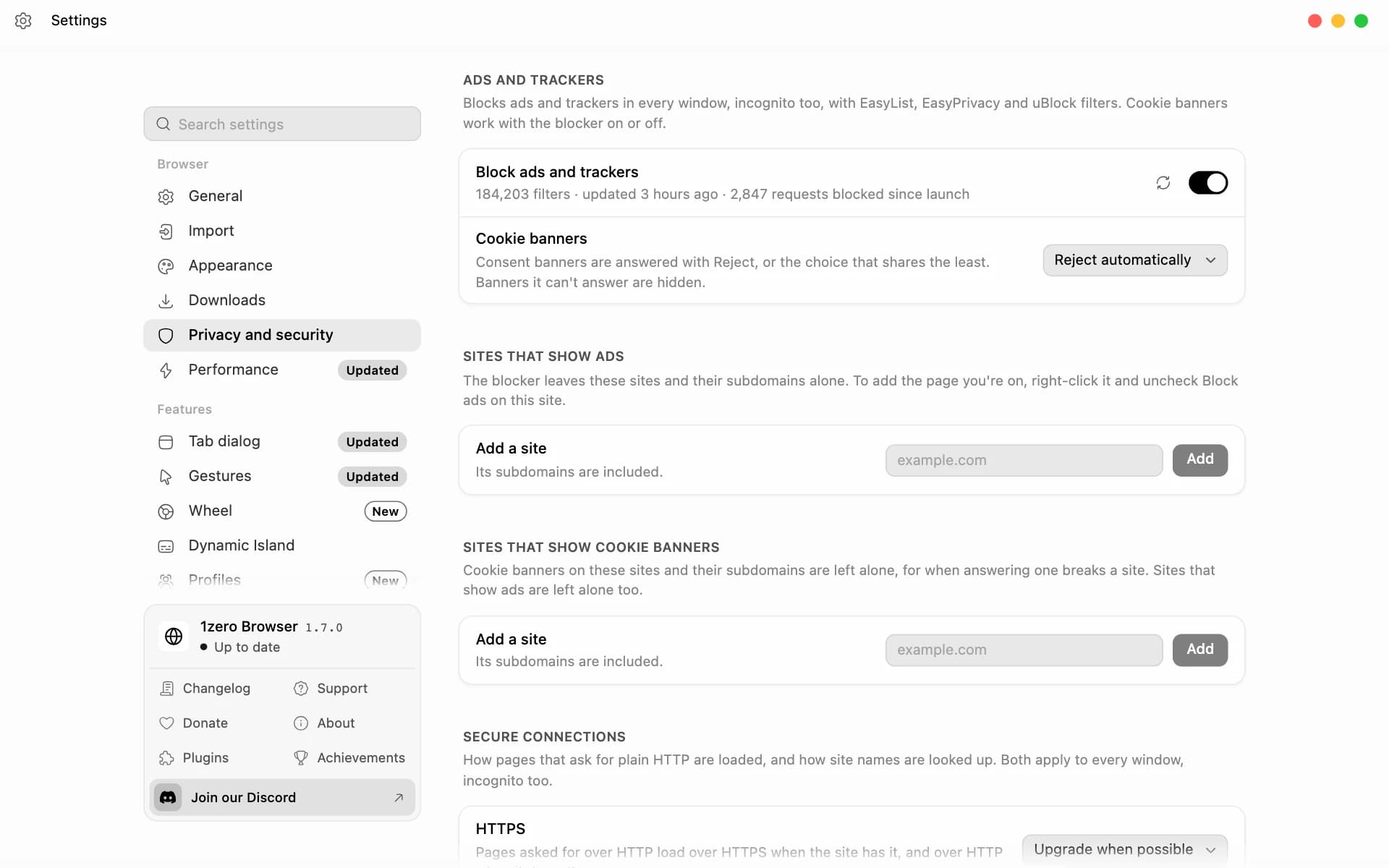 Privacy settings with ad and tracker blocking on, thousands of requests blocked, and cookie banners rejected automatically